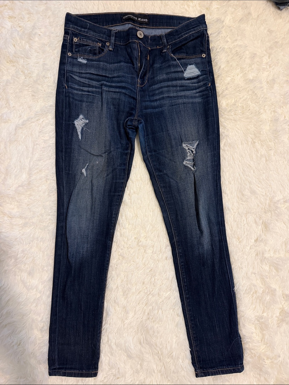 Express Women's Dark Blue Distressed Skinny Jeans